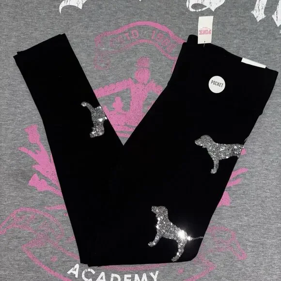 Victoria’s Secret PINK Silver Sequin Bling Skinny Pup Dog Leggings NWT Small HTF - Picture 6 of 6